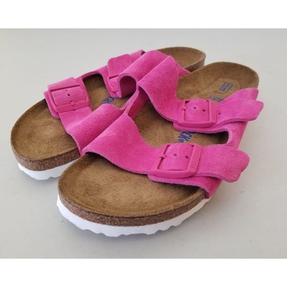 Birkenstock Arizona Soft Footbed Fuchsia Tulip Pink Suede Sandals Size 39 Narrow - Picture 2 of 5